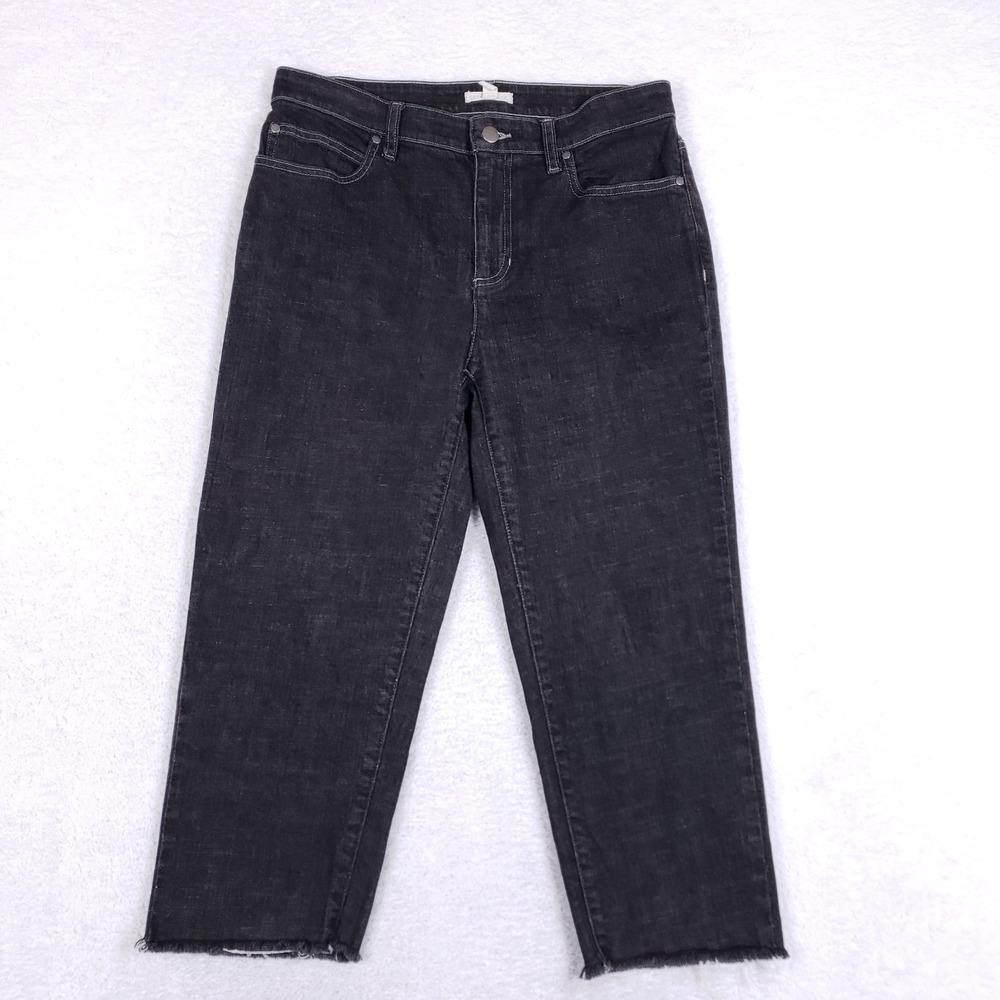EILEEN FISHER Jeans 6 Black Raw Hem Stretch Cropped Straight‎ Leg Dark Wash